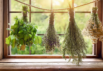 Dried herbs hanging on jute string above rustic wood on windowsill in green garden