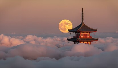 Pagoda Emerging from Clouds with Full Moon at Sunset