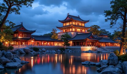 Fototapeta premium Traditional Asian Architecture Illuminated at Dusk with Reflective Pond