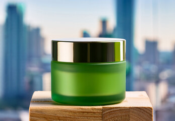Light green Cosmetic Jar Mockup on Wooden Block with City Background