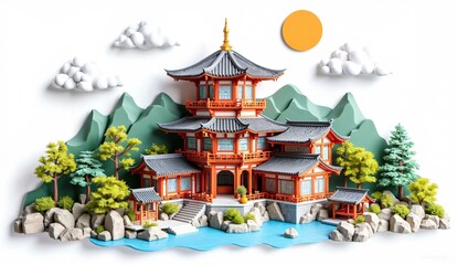 Obraz premium Traditional Japanese Temple with Red Gates and Surrounding Greenery