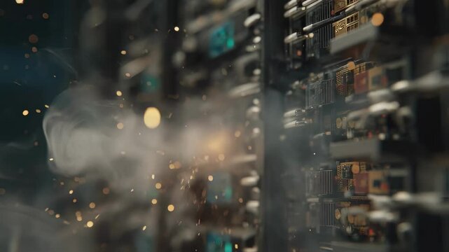 Quantum computing firewall unit emitting smoke and sparks, indicating a critical system failure and potential security breach, highlighting vulnerabilities in advanced cybersecurity infrastructure