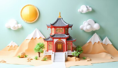 Fototapeta premium Traditional Chinese Temple with Paper Craft Mountains and Clouds