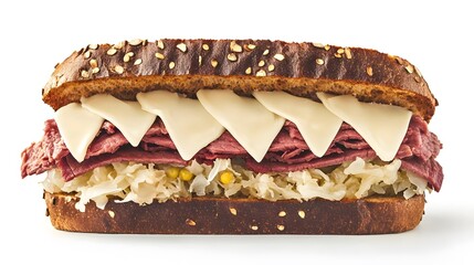 Reuben sandwich with corned beef sauerkraut Swiss cheese and rye bread flat lay style USA overlay cut out on isolated transparent removed background