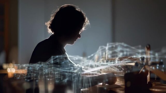 Skilled artisan weaving conductive silk threads on traditional loom, augmented reality visuals illuminating intricate textile craftsmanship and technological innovation