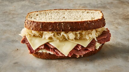 Reuben sandwich with corned beef sauerkraut Swiss cheese and rye bread flat lay style USA overlay cut out on isolated transparent removed background