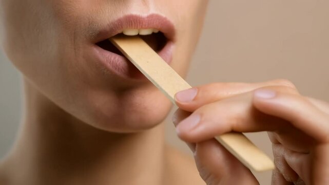 Close-up of woman opening mouth with wooden depressor for examination of teeth, gums, and inner throat by healthcare professional.