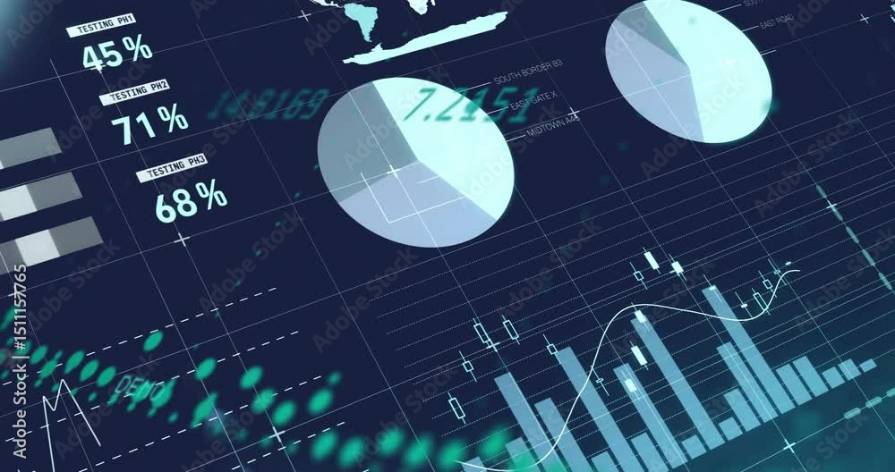 Poster on loading dashboard showing data gauge animating bars rising dots sweeping charts and map emerging