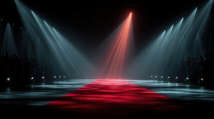 Award show style stage with red carpet and glowing spotlight 
