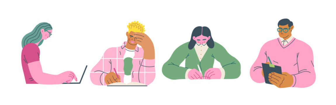 Writing people, modern flat vector concept illustrations set people writing on paper or device. Metaphor for reflection, insight, contemplation, creative expression