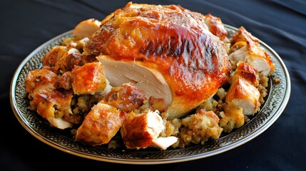 Roasted turkey with stuffing on ceramic plate with dark tablecloth background American holiday main course from the United States overlay cut out on isolated transparent removed background