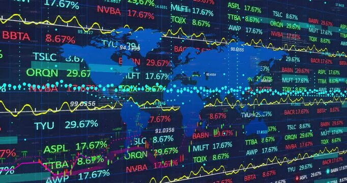 When starting digital display showing world map with stock tickers updating values for analysis