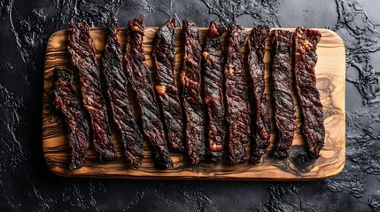 Smoked beef jerky strips arranged on wooden board with black textured background rugged snack from the United States overlay cut out on isolated transparent removed background