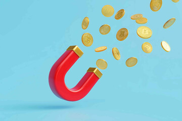 3D render of a red horseshoe magnet attracting floating golden Bitcoin coins in the sky digital currency concept vibrant colors surreal financial illustrati