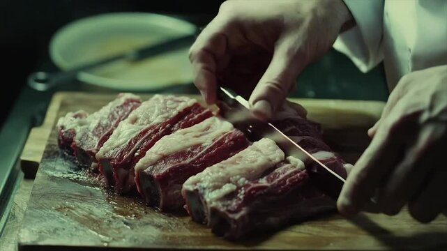 Chef expertly slicing prime beef ribs