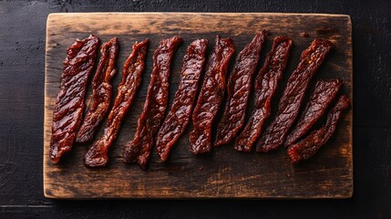 Smoked beef jerky strips arranged on wooden board with black textured background rugged snack from the United States overlay cut out on isolated transparent removed background