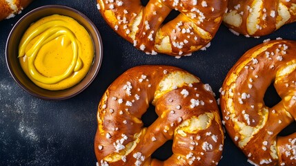 Soft pretzels with salt flakes placed on dark background with dipping mustard iconic USA stadium snack overlay cut out on isolated transparent removed background