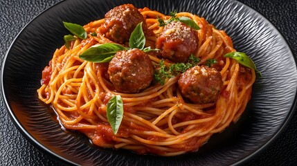 Spaghetti and meatballs in tomato sauce plated Italian American style on dark textured plate with garnished herbs USA fusion dish overlay cut out on isolated transparent removed background