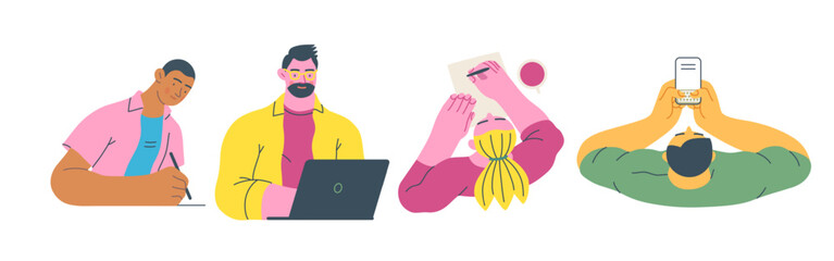 Writing people, modern flat vector concept illustrations set people writing on paper or device. Metaphor for reflection, insight, contemplation, creative expression