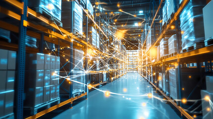 Naklejka premium A holographic projection of a supply chain network diagram in a logistics center, business, dynamic and dramatic compositions, with copy space Generative AI 