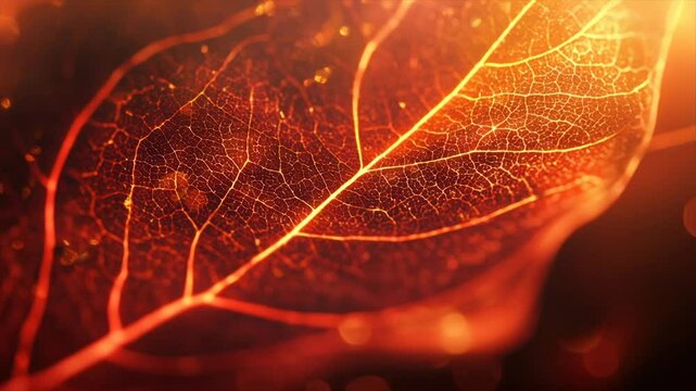Close-up of a vibrant, autumnal leaf, showcasing intricate veins