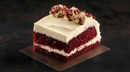 Red velvet cake slice with cream cheese frosting served in regular view on dark background iconic USA dessert overlay cut out on isolated transparent removed background