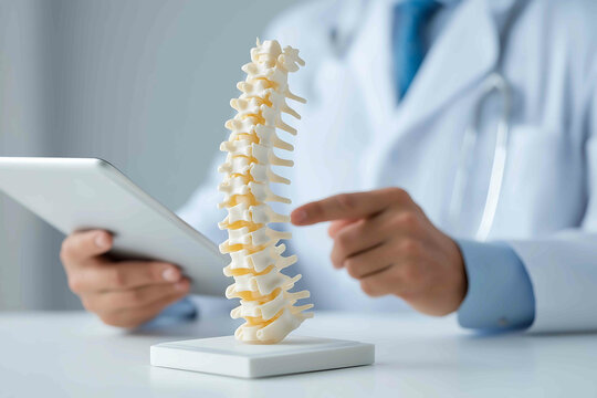 orthopedist holding a digital tablet in one hand and pointing at a spine model with the other explaining concepts of osteoporosis lumbar pain and chiropract
