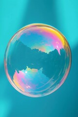 Floating Orb of Wonder: A single, shimmering bubble floats gracefully, reflecting a kaleidoscope of colors and the world around it, evoking a sense of wonder and ethereal beauty.