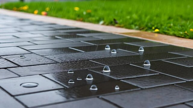 Rainwater droplet on paver surface after rainfall