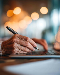 closeup of elderly hands holding a stylus above a touch screen laptop coworking interior in background subtle tech details soft bokeh lighting