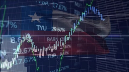 Opening showing Chilean flag waving financial overlay fading in tickers, charts rising, descending - Powered by Adobe