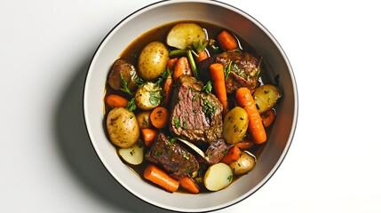 Tender pot roast with vegetables like carrots and potatoes arranged in bowl from overhead on white background USA overlay cut out on isolated transparent removed background
