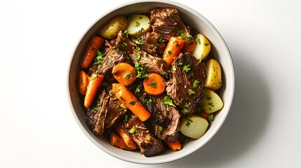 Tender pot roast with vegetables like carrots and potatoes arranged in bowl from overhead on white background USA overlay cut out on isolated transparent removed background