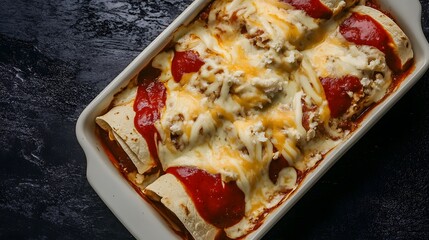 Tex Mex enchiladas covered in cheese and sauce served in casserole dish on black background spicy American fusion food overlay cut out on isolated transparent removed background