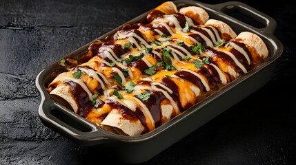 Tex Mex enchiladas covered in cheese and sauce served in casserole dish on black background spicy American fusion food overlay cut out on isolated transparent removed background
