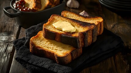 Thick slices of Texas toast buttered and toasted resting on dark kitchen towel on rustic background American BBQ side overlay cut out on isolated transparent removed background