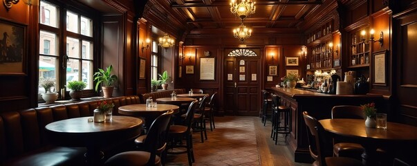 Cozy English pub interior, warm lighting, dark wood furnishings, traditional decor, inviting atmosphere, perfect for a relaxing evening Enjoy the classic pub scene , mugs, lighting