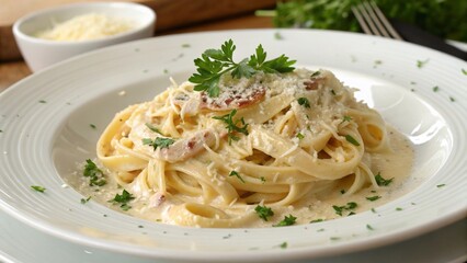 Creamy Fettuccine Carbonara Pasta with Bacon and Parmesan Cheese Close Up