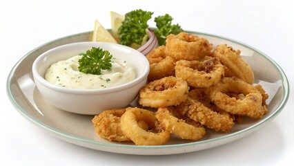 Fototapeta premium Delicious fried calamari rings served with dipping sauce and lemon wedges