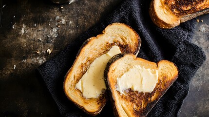 Thick slices of Texas toast buttered and toasted resting on dark kitchen towel on rustic background American BBQ side overlay cut out on isolated transparent removed background