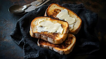 Thick slices of Texas toast buttered and toasted resting on dark kitchen towel on rustic background American BBQ side overlay cut out on isolated transparent removed background
