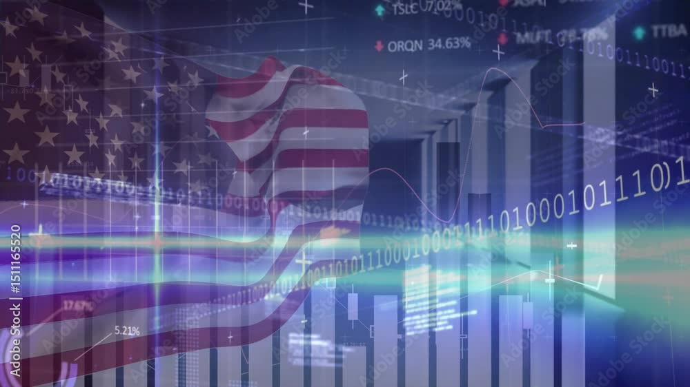 Poster flag emerging and rippling beside rising chart, binary scrolling and tickers updating for data flow