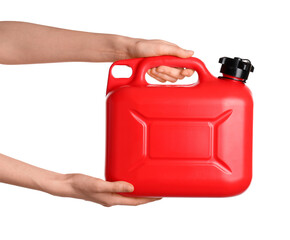 Fototapeta na wymiar Female hands holding canister on white background