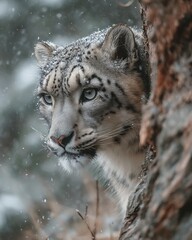 Fototapeta premium Snow Leopard in Winter Woods.