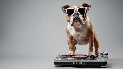 Bulldog wearing sunglasses standing on turntable with vinyl record  