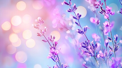 Fototapeta premium Close Up Lavender Flowers with Blurred Bokeh Background in Pastel Color Scheme