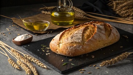 Artisan Bread Loaf with Olive Oil and Wheat on Dark Background