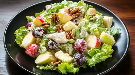 Waldorf salad with apples grapes walnuts and lettuce dressed in mayonnaise served on black plate American classic salad overlay cut out on isolated transparent removed background