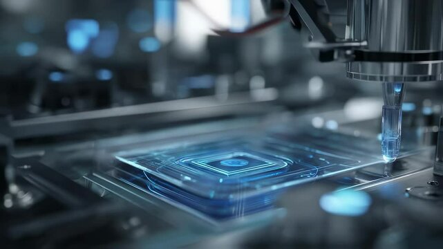 Precision engineering in semiconductor manufacturing involves a robotic arm carefully depositing niobium tin solution onto a substrate, highlighted by futuristic holographic interface projections