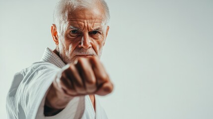 Aged karate practitioner in white gi, waist-length, demonstrating a defensive block, generative ai